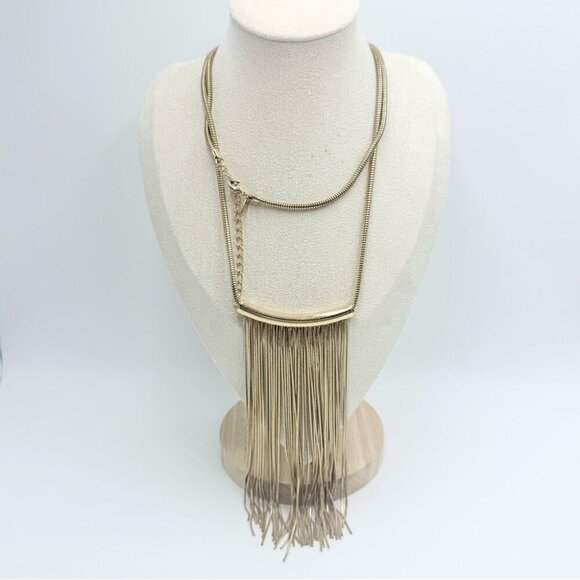 Natasha Bib Fringe Collar Multi-Chain Gold Tone Chunky Necklace - Picture 1 of 6